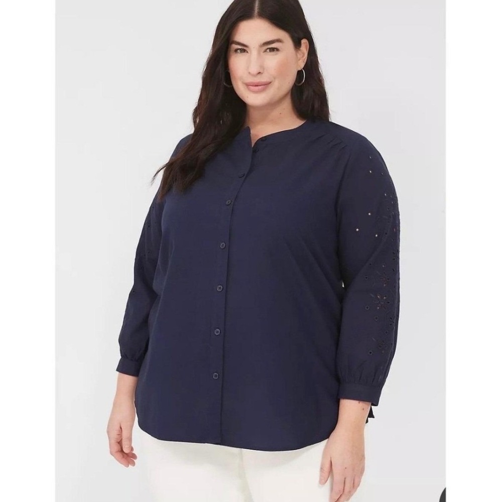 Lane Bryant Navy Eyelet Sleeve Cotton Button Down 22/24 No‎ Peak Coastal Boho